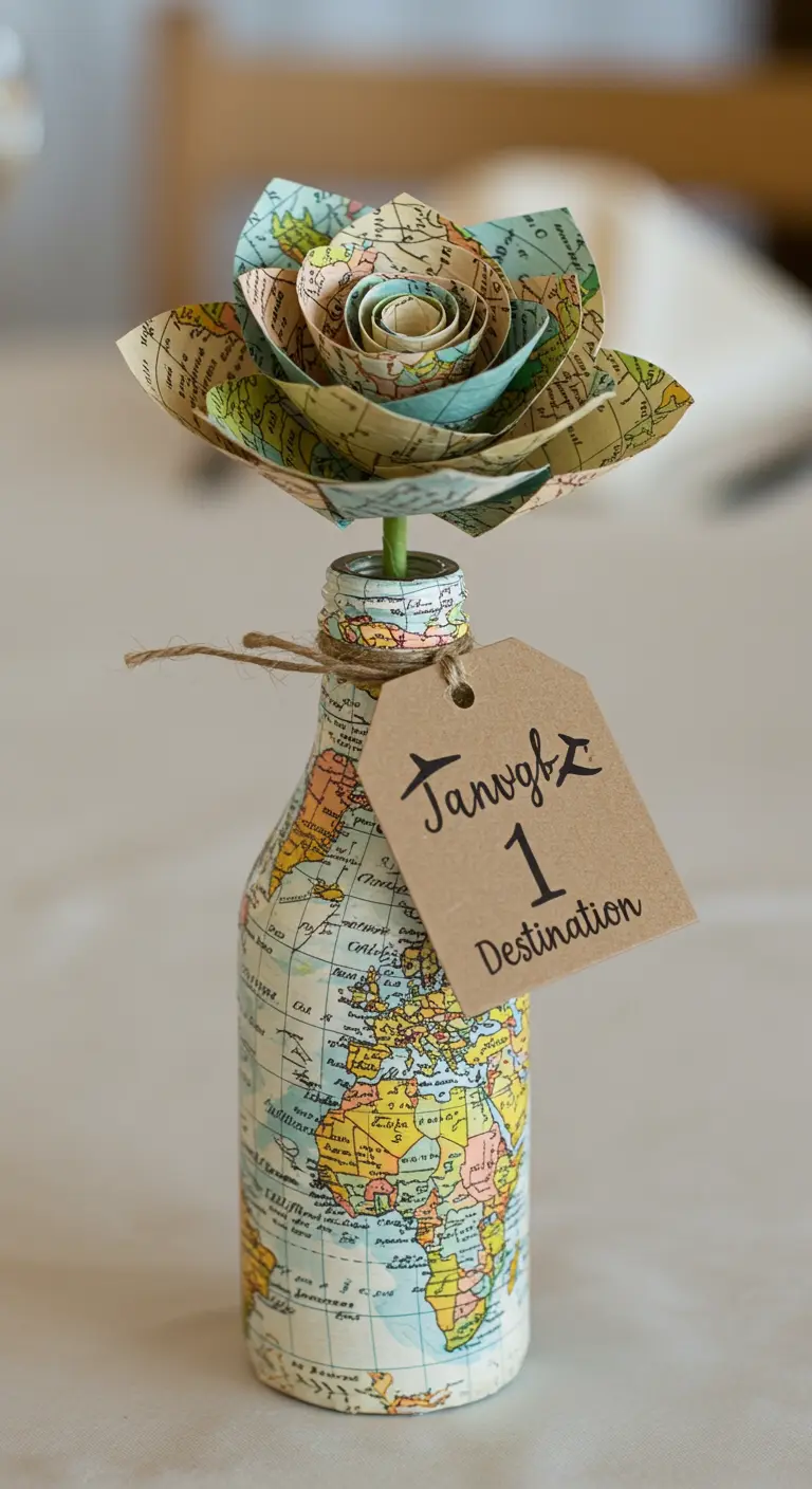 Bouteille et rose en papier faites avec des cartes du monde.
