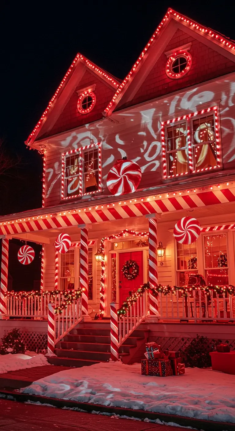 Maison rouge et blanche décorée de guirlandes de Noël rouges et blanches et de sucettes géantes.