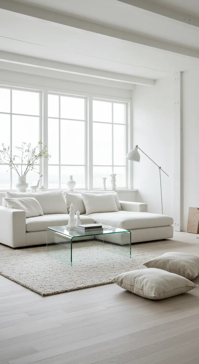 Salon entièrement blanc avec un grand canapé, une table en verre et des coussins de sol.