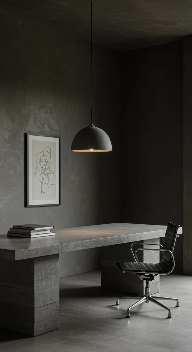 Bureau massif en béton dans une pièce entièrement grise et minimaliste.