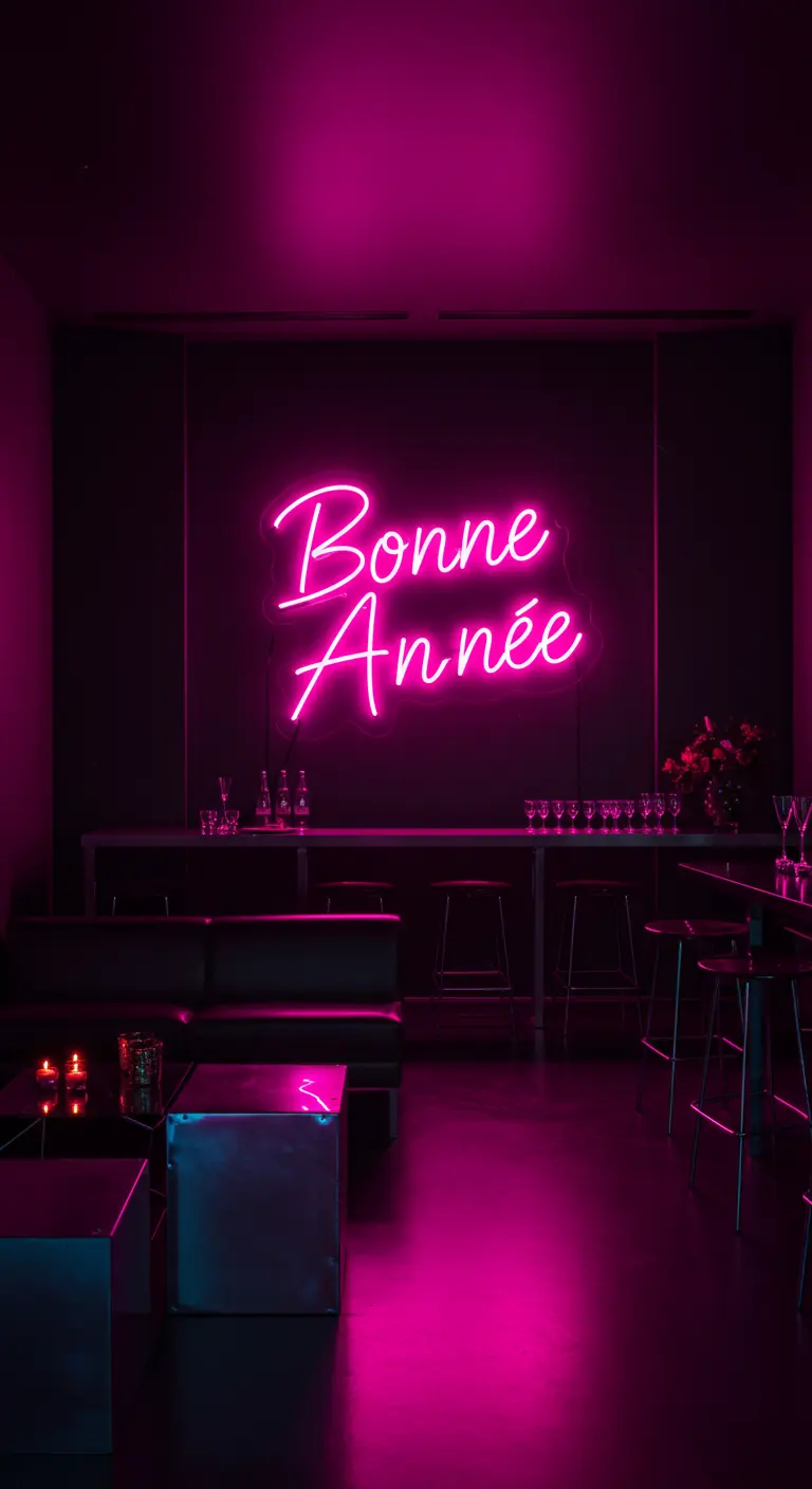 Enseigne au néon rose fluo « Bonne Année » accrochée sur un mur sombre dans un bar.