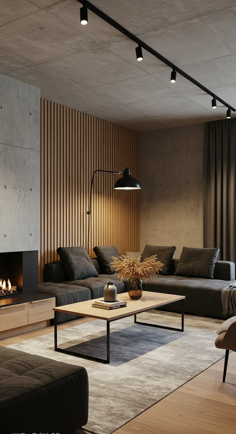 Salon moderne avec mur à lattes de bois clair, canapé gris foncé, cheminée et éclairage sur rail.