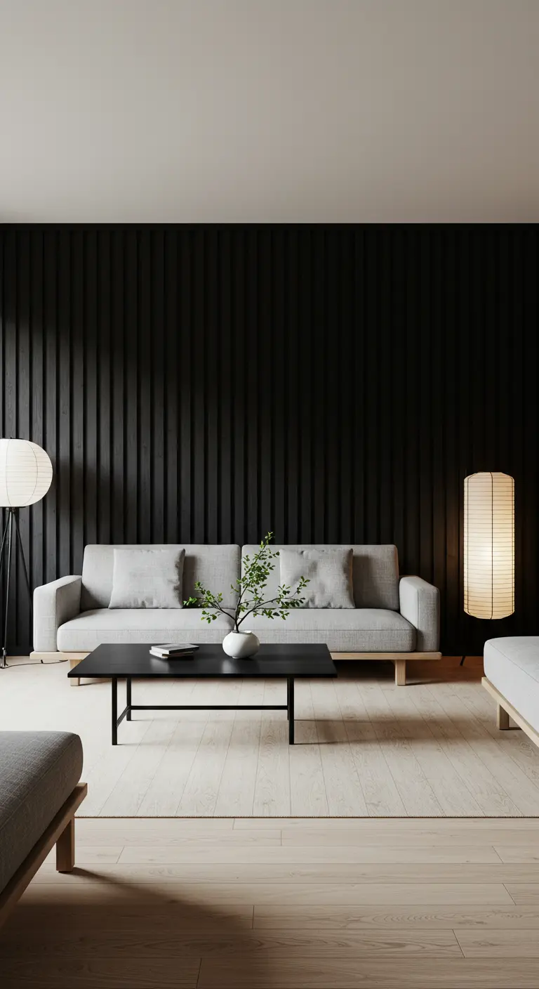 Salon d'inspiration japonaise avec mur à lattes de bois noir et canapé gris clair.