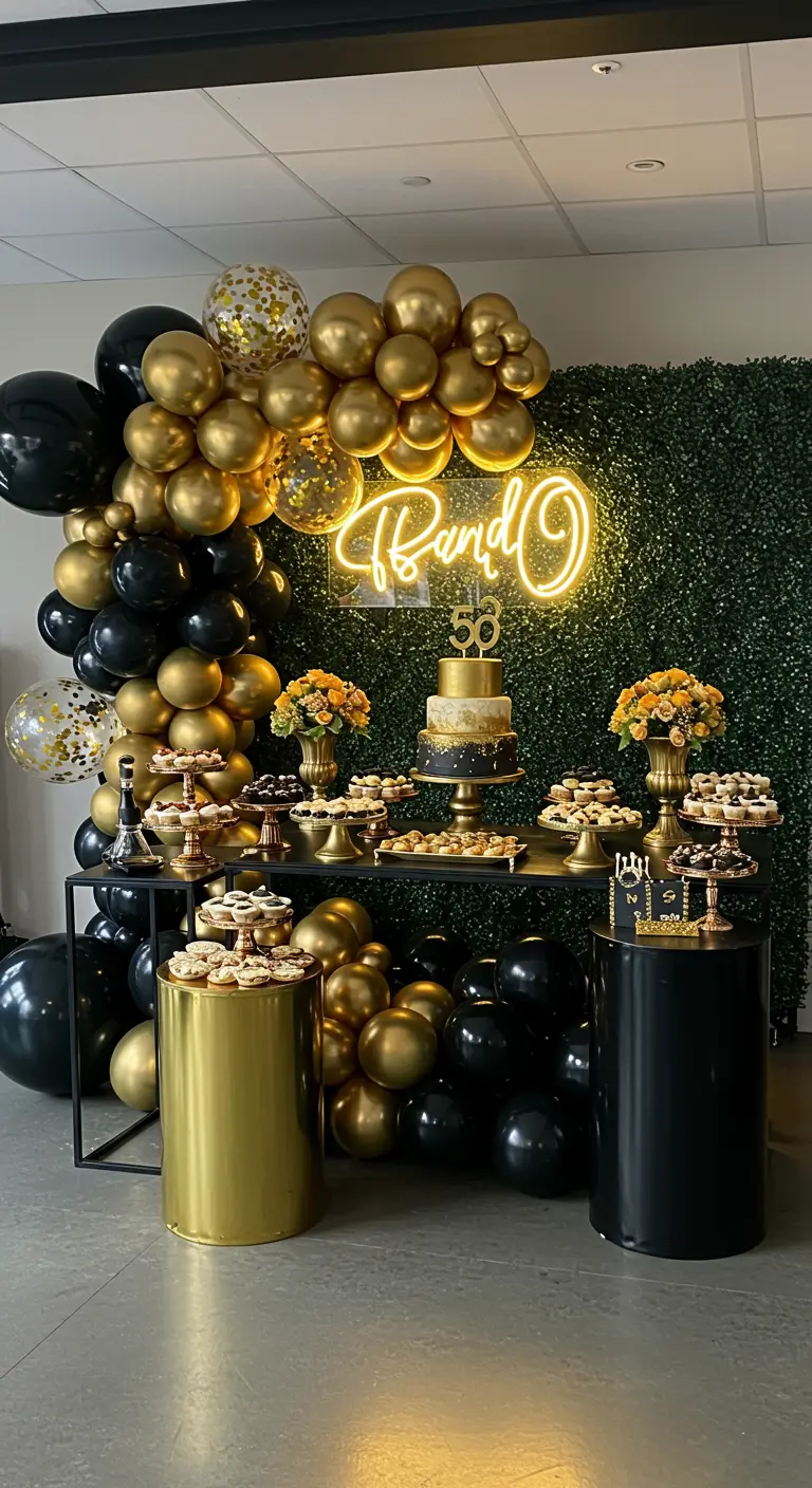Buffet d'anniversaire devant un mur de verdure avec néon et arche de ballons noirs et or.