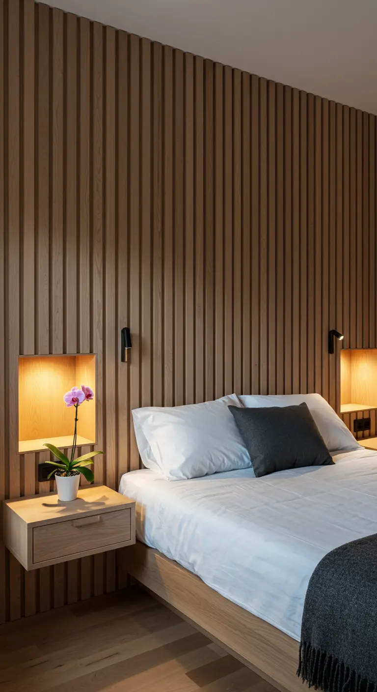 Mur derrière un lit habillé de tasseaux de bois verticaux avec des niches lumineuses.