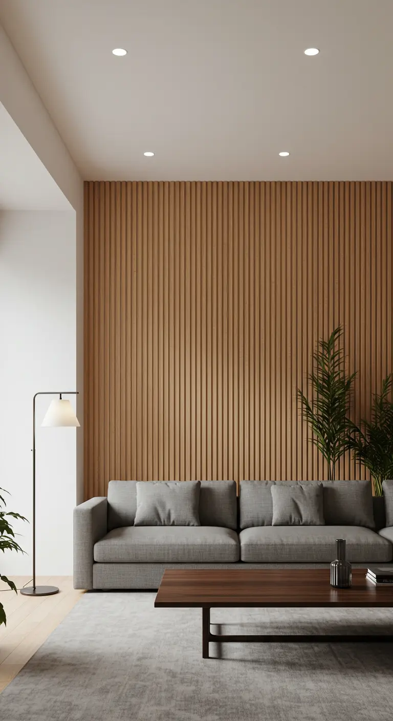 Salon Japandi avec mur en lattes de bois, grand canapé gris, table basse foncée et plante verte.