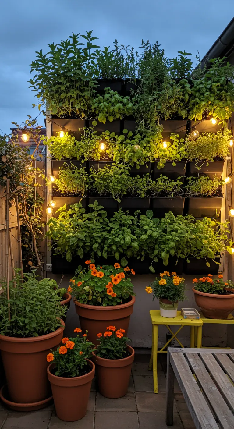 Mur végétal sur un balcon, rempli d'herbes aromatiques et illuminé par des guirlandes.