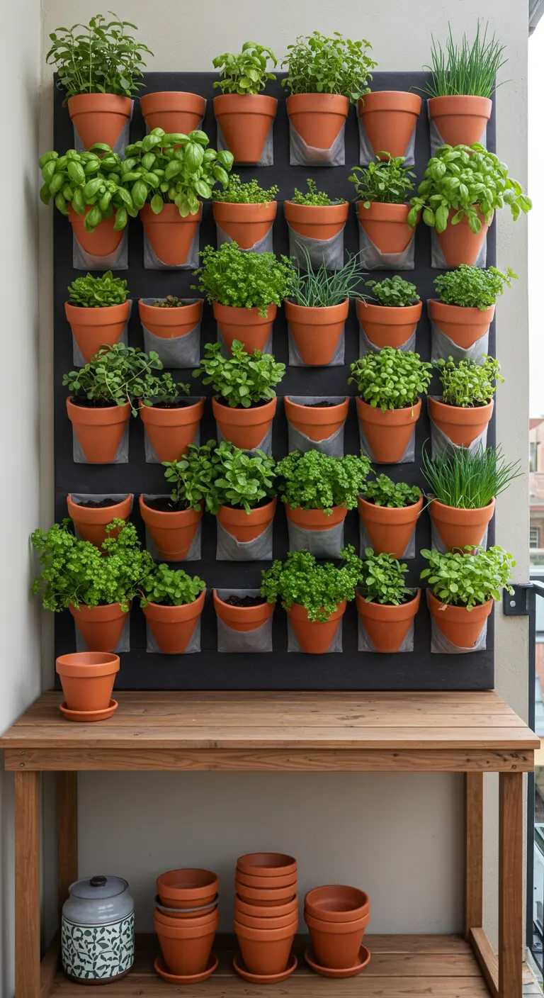 Mur végétal rempli d'herbes aromatiques en pots de terre cuite sur un balcon.
