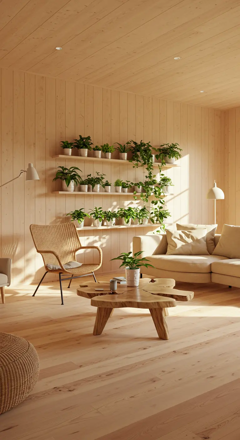 Salon avec murs en bois clair, étagères murales remplies de petites plantes vertes.