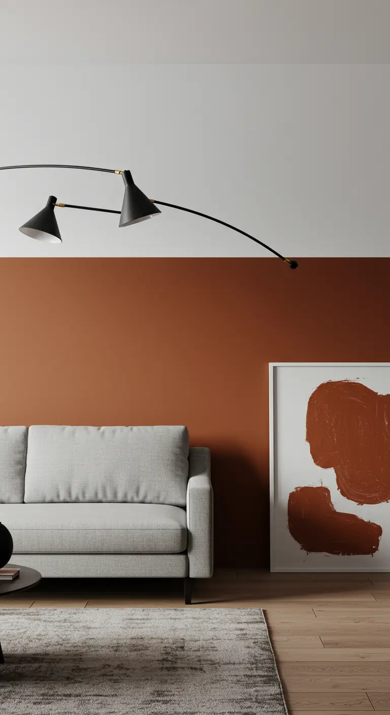 Salon avec un mur peint en terracotta en bas et blanc en haut, et un grand luminaire noir.