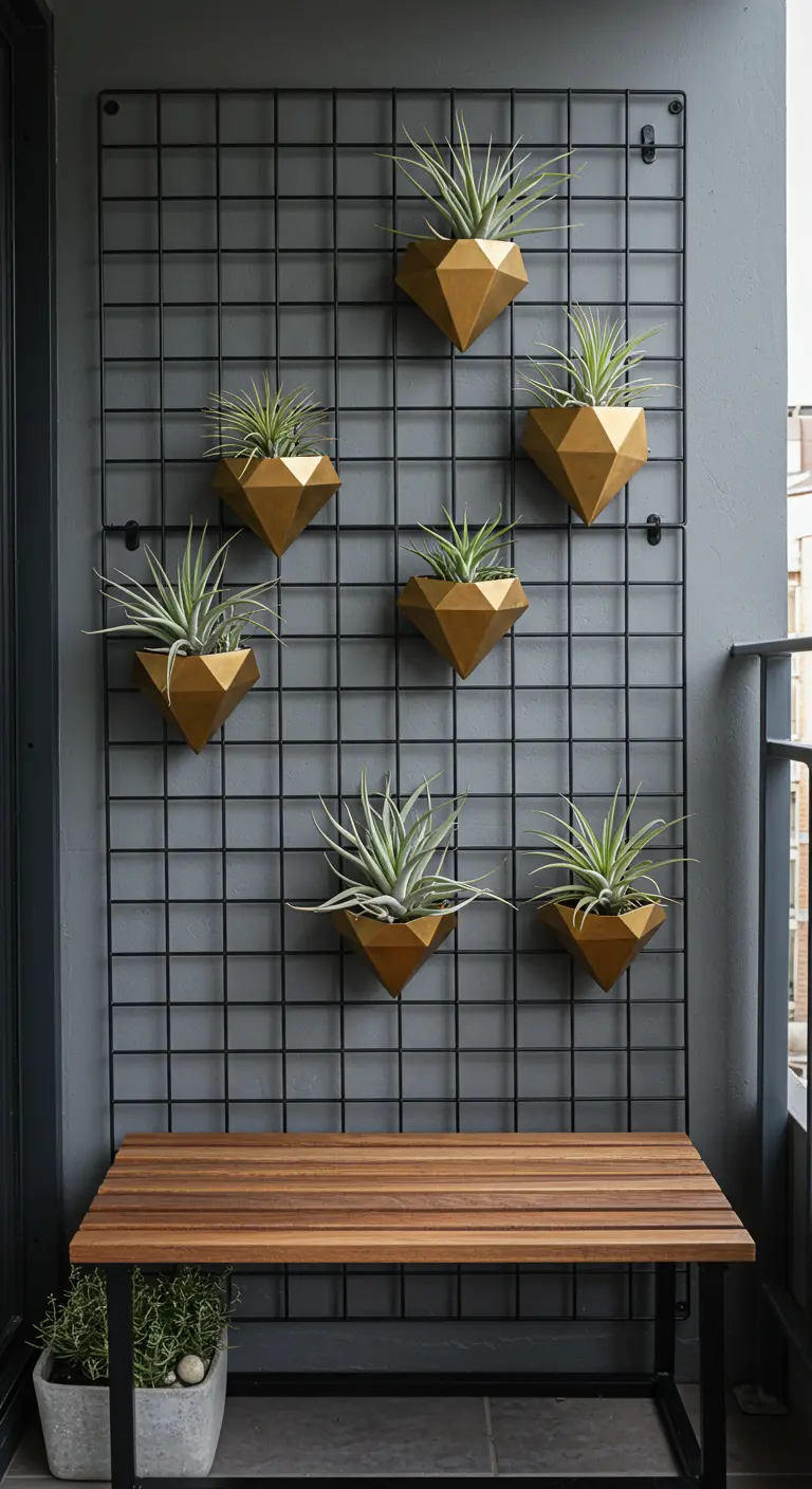 Grille murale noire avec des pots géométriques dorés contenant des plantes aériennes.