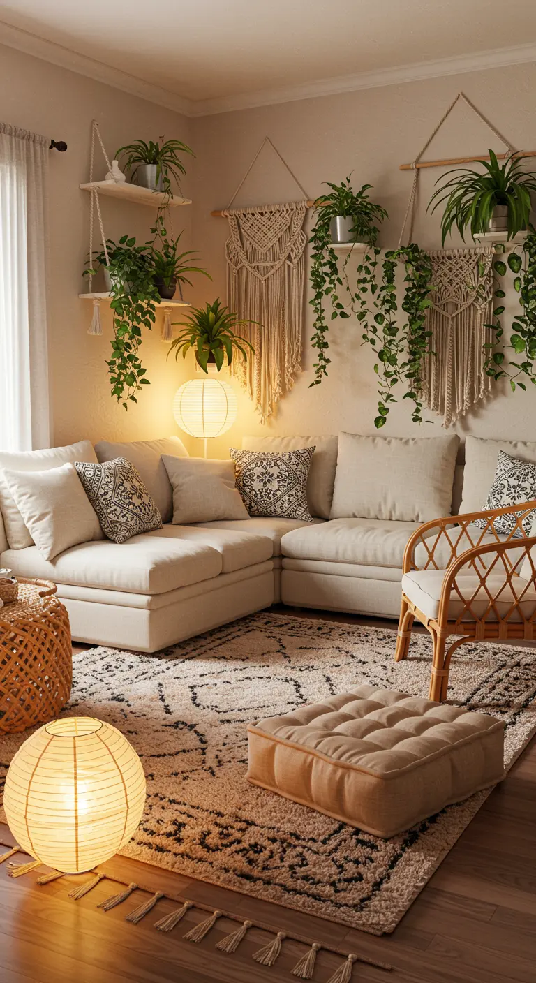 Coin de salon bohème avec canapé d'angle, macramés muraux et plantes grimpantes.