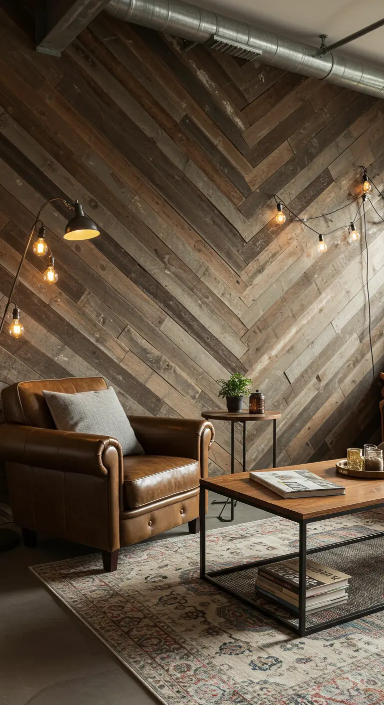 Mur d'accent en lattes de bois de récupération disposées en motif chevron dans un salon industriel.
