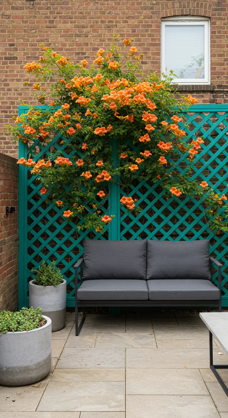 Patio moderne avec un mur treillagé corail orné de bignones orange vif, un canapé d'extérieur gris.