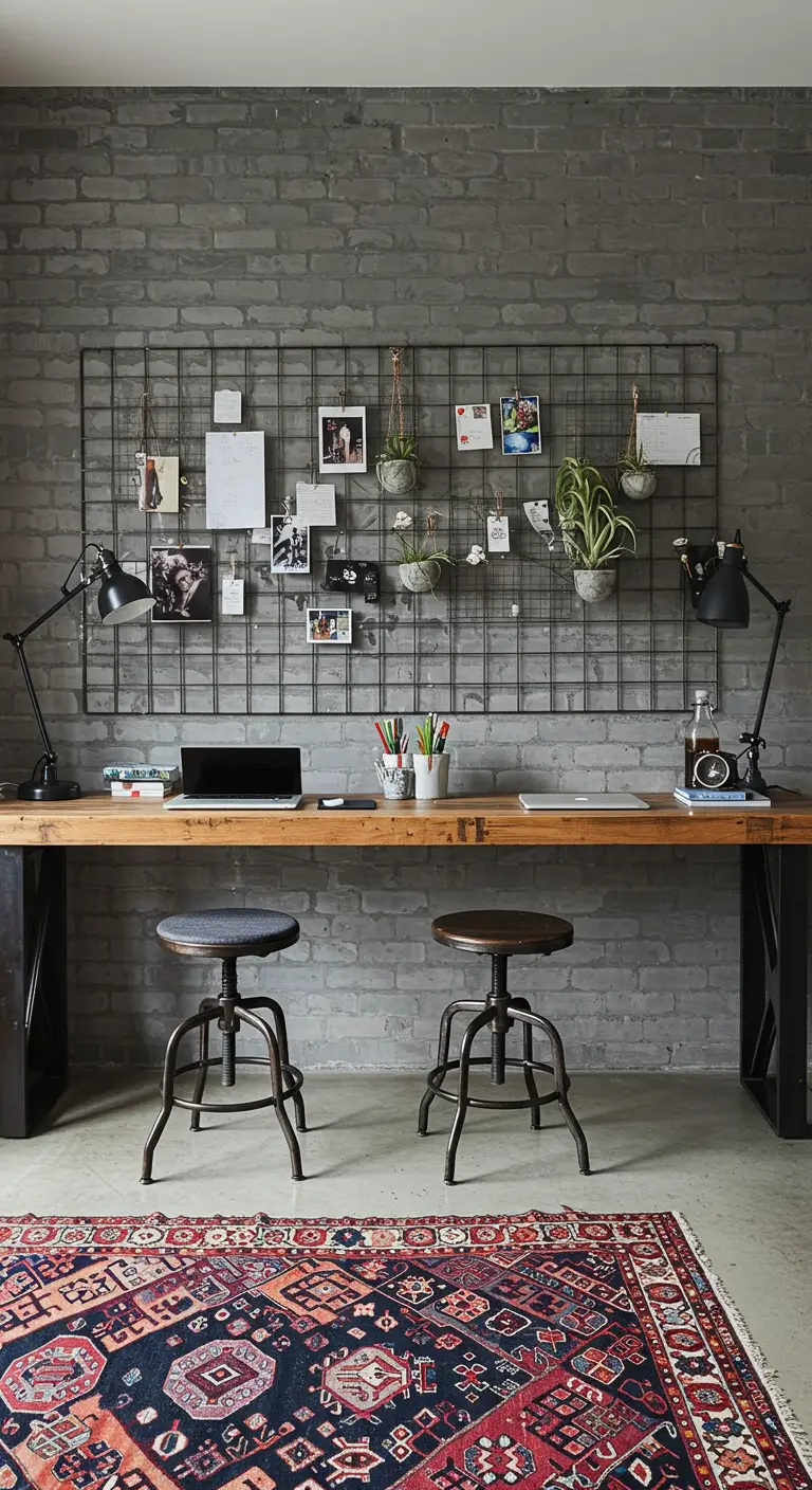 Long bureau en bois avec un grand treillis métallique mural servant de moodboard.