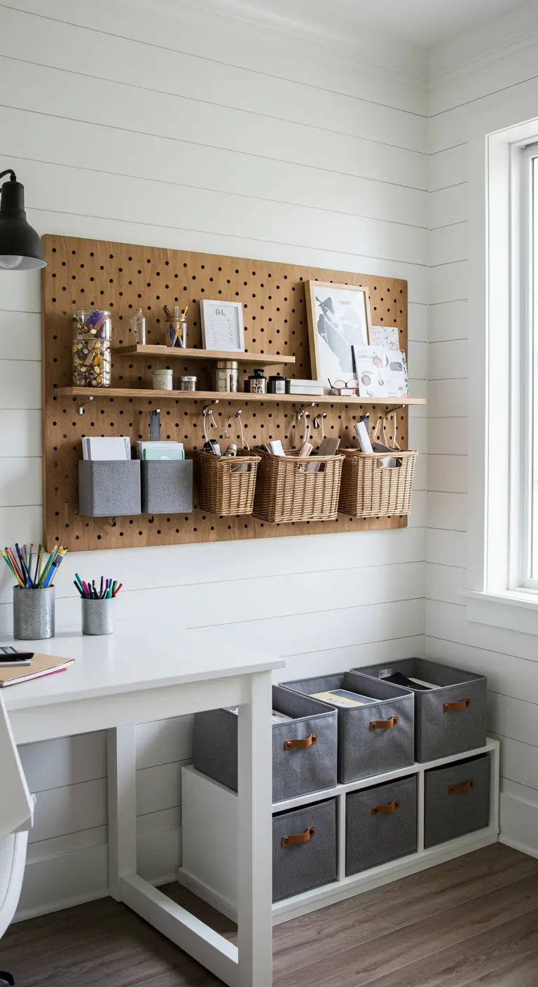 Bureau blanc avec un grand panneau perforé en bois mural organisant fournitures et décorations.