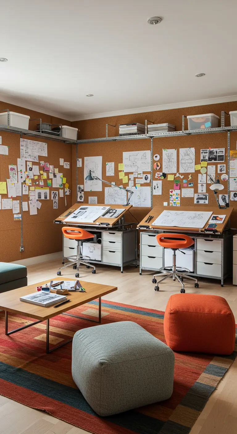 Studio de création avec deux tables à dessin et des murs entièrement recouverts de liège.