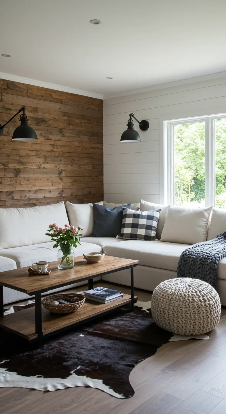 Mur d'accent en bois clair horizontal dans un salon blanc avec un canapé d'angle blanc.