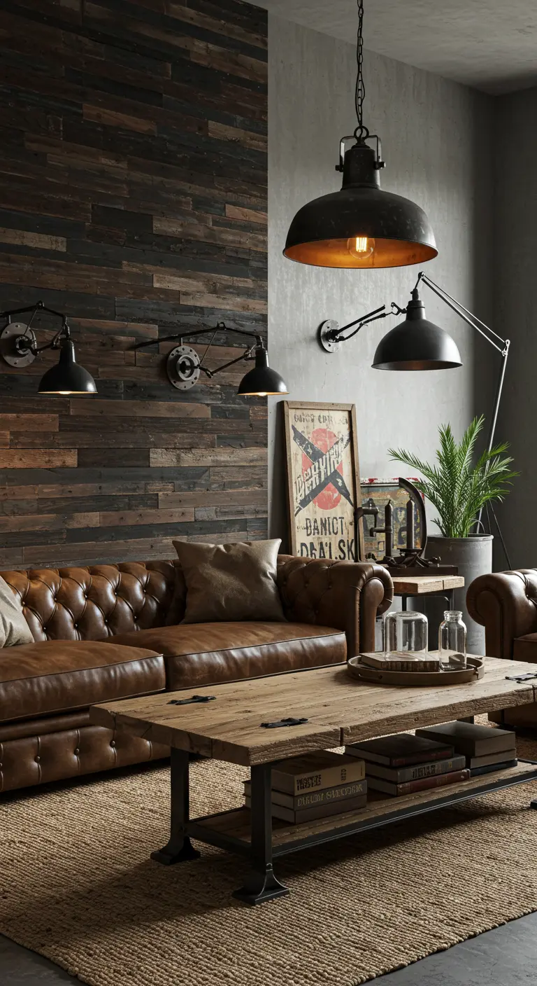 Salon industriel avec mur de planches de bois foncé, canapé chesterfield en cuir marron et luminaires industriels.