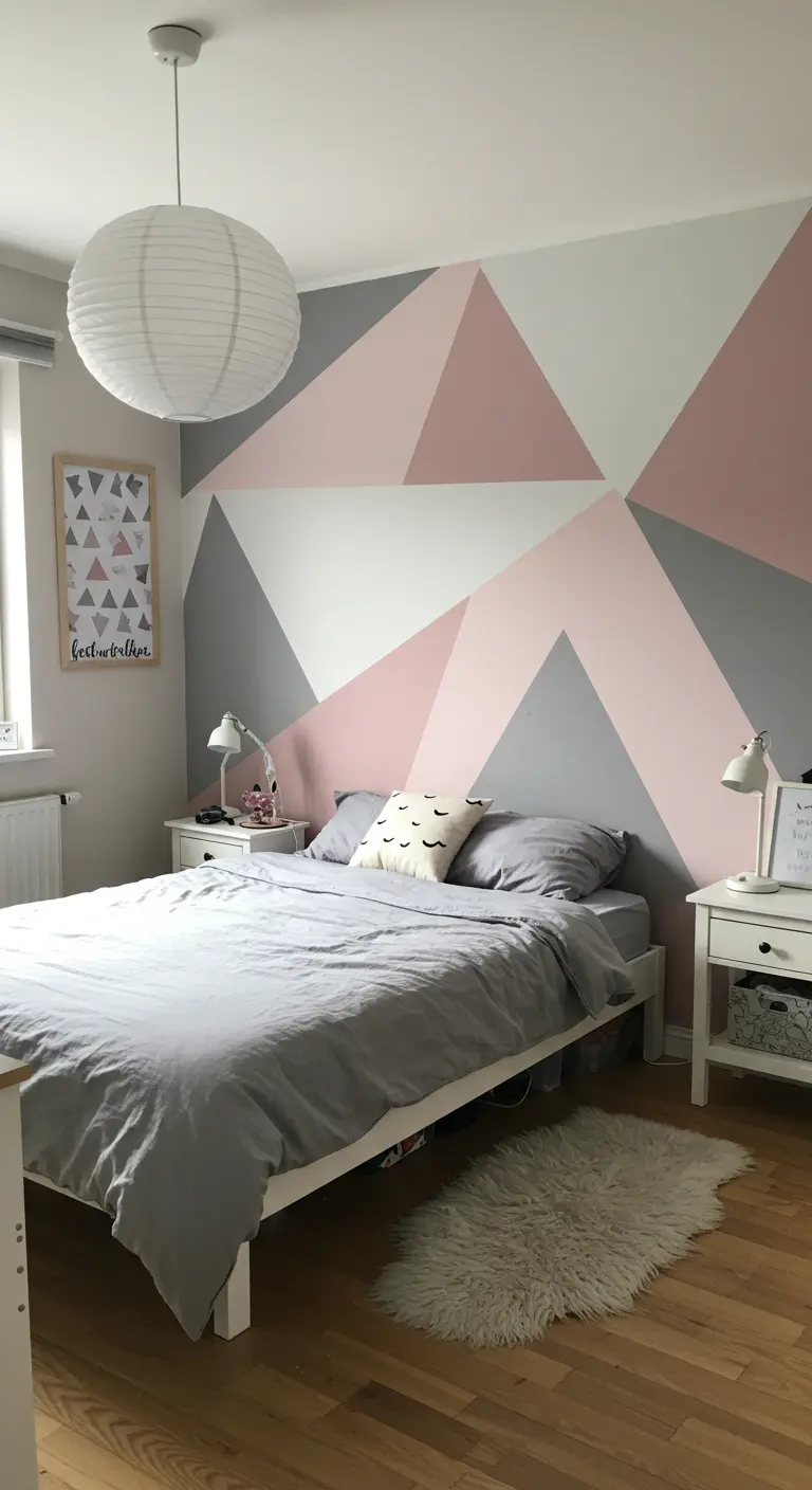 Mur de chambre peint avec des formes géométriques triangulaires en rose, gris et blanc.