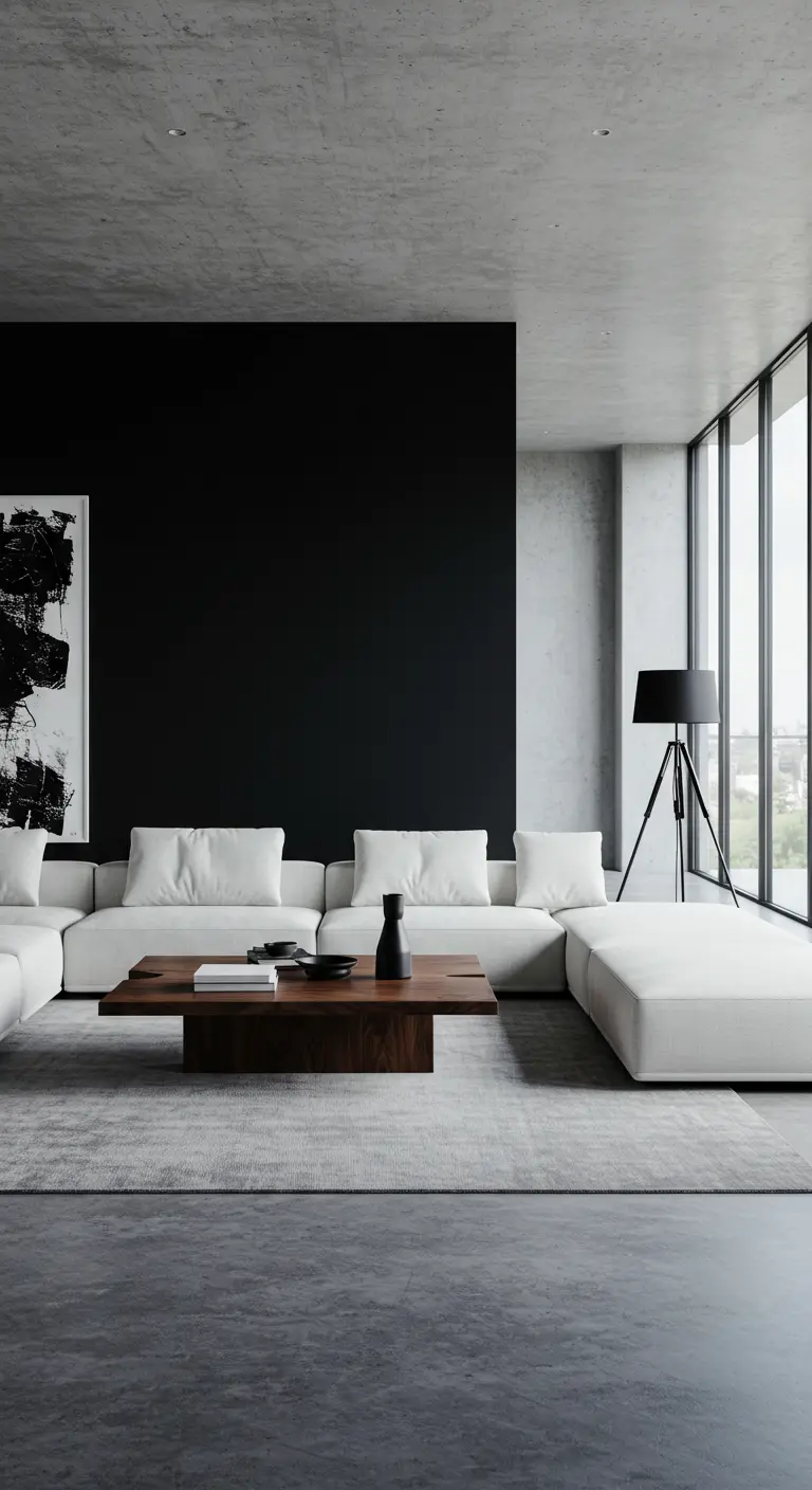 Salon minimaliste avec mur d'accent noir, canapé blanc et table basse en bois foncé.