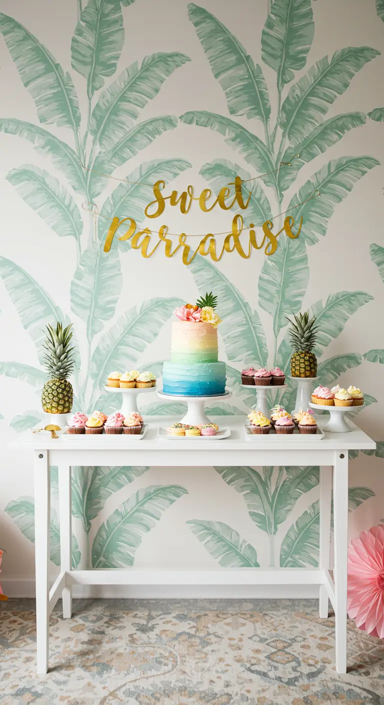 Buffet de desserts devant un mur à motif de feuilles de bananier pastel.