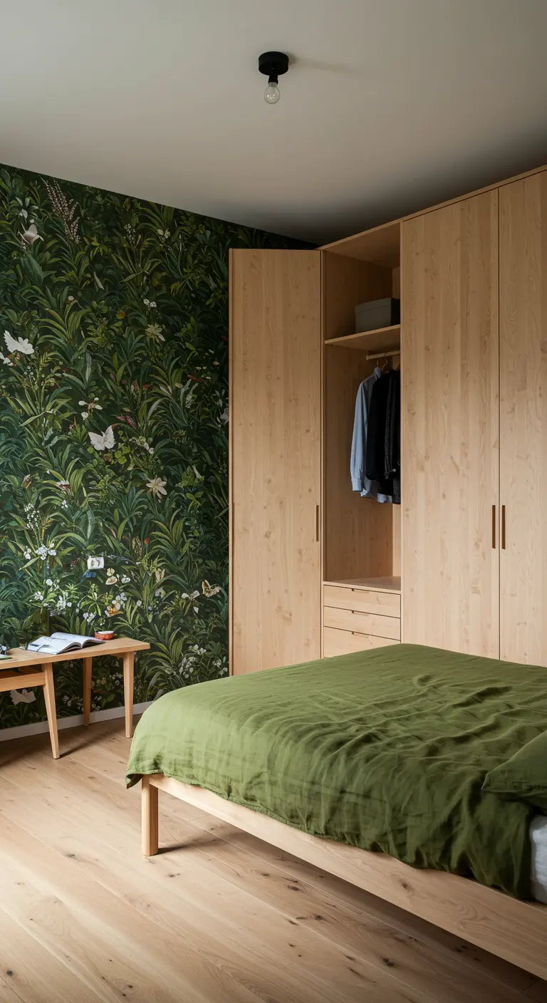 Chambre avec un mur d'accent au papier peint botanique vert, lit et armoire en bois.