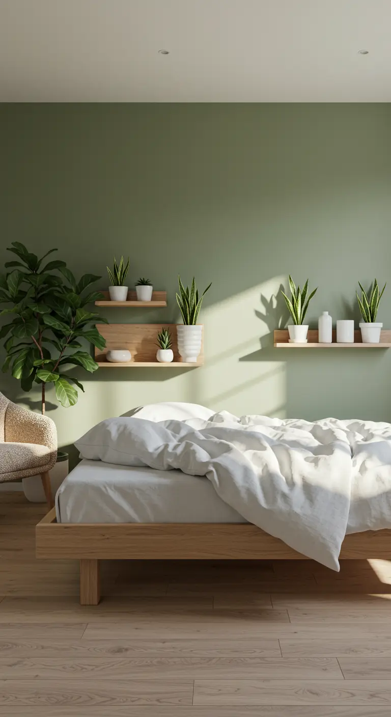 Chambre scandinave avec mur vert sauge, lit en bois et étagères flottantes avec plantes.