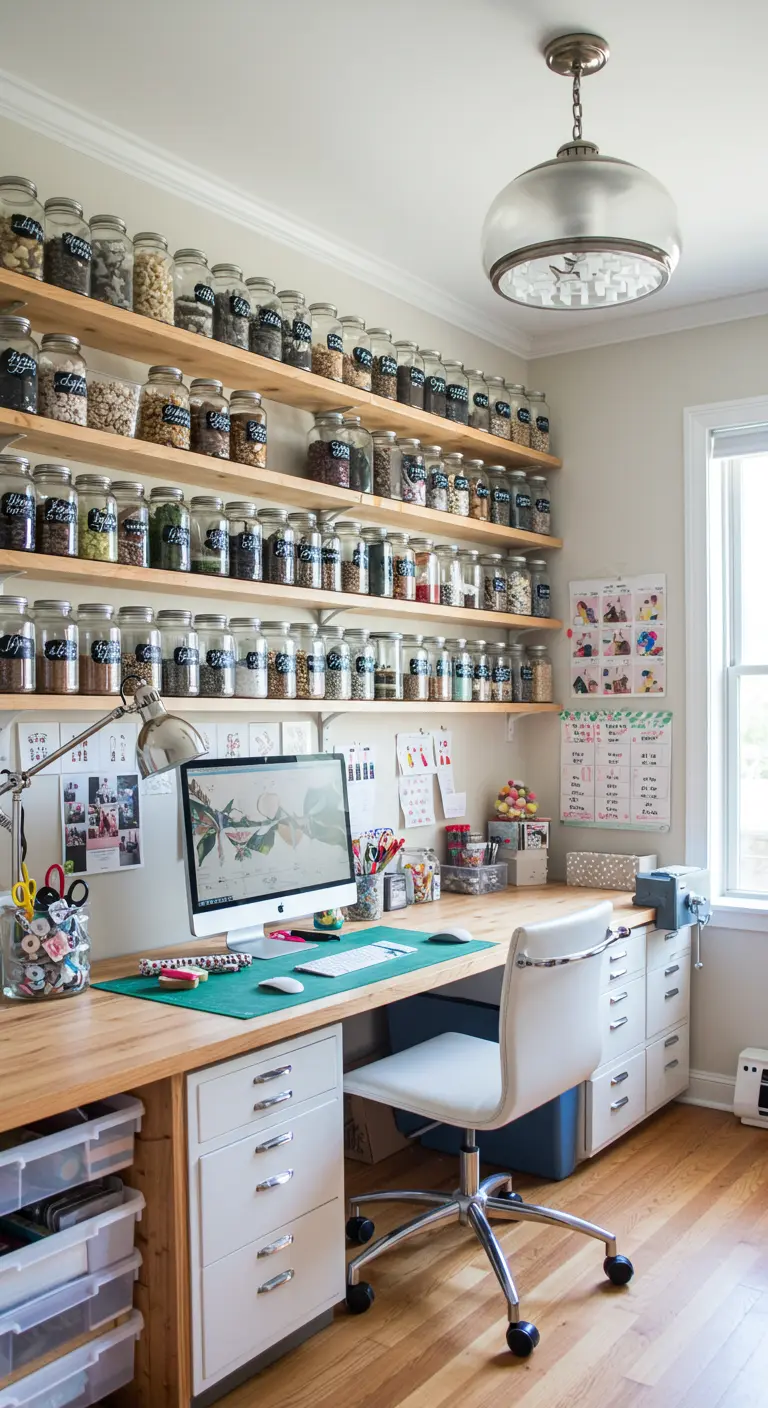 Bureau créatif avec des étagères murales remplies de bocaux en verre contenant des fournitures d'artisanat.