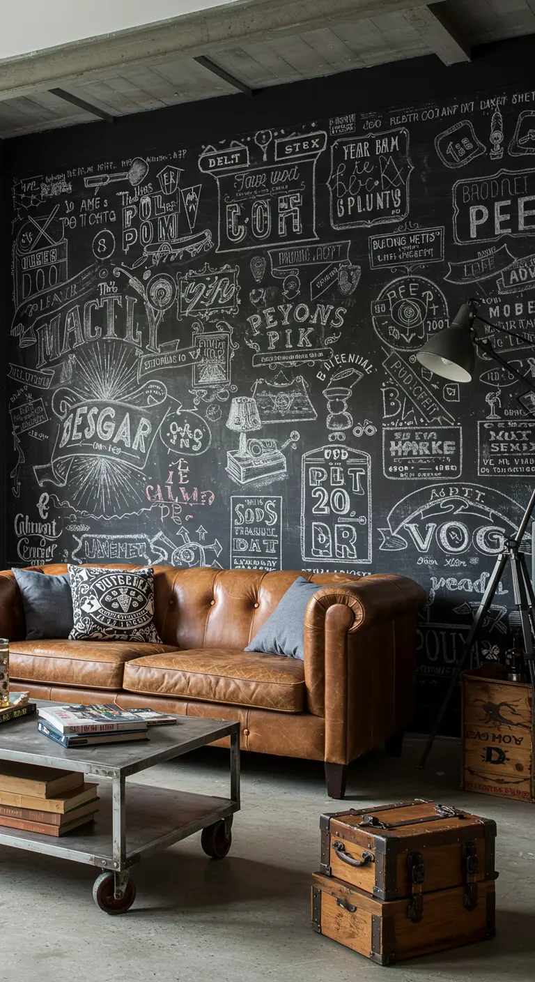 Mur d'accent peint en noir ardoise et entièrement couvert de dessins et typographies à la craie.