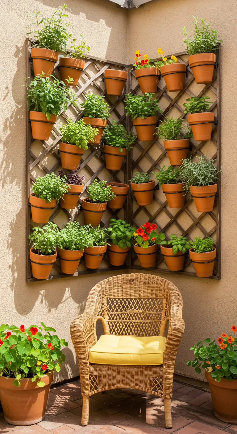 Jardin d'herbes aromatiques vertical sur un treillis avec des pots en terre cuite.