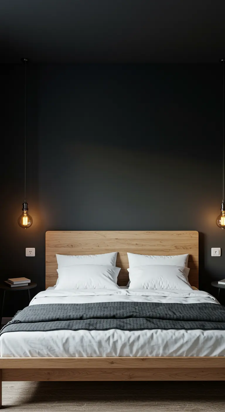 Chambre avec un mur d'accent noir mat derrière une tête de lit en bois clair.