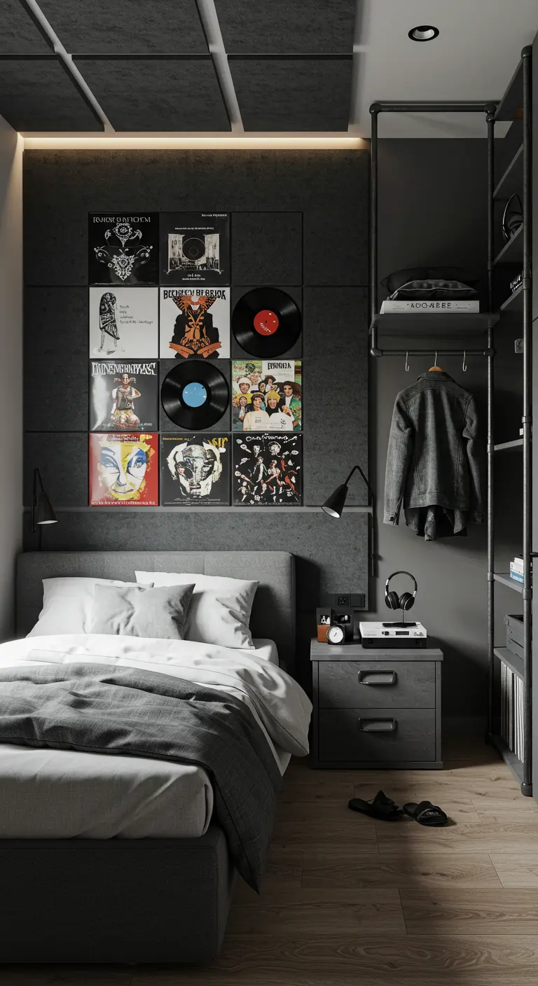 Chambre d'ado sur le thème de la musique avec un mur de pochettes de vinyles exposées.