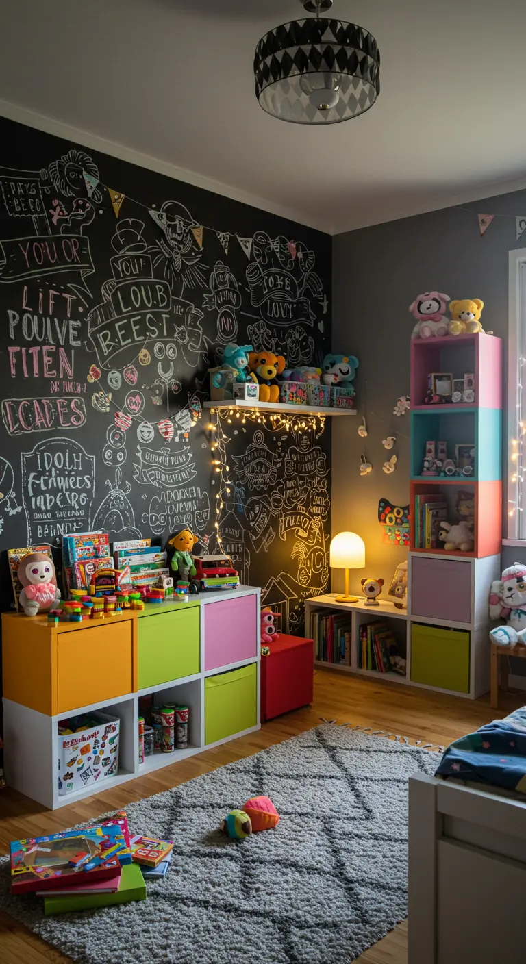 Chambre d'enfant avec un mur tableau noir et des étagères cubiques multicolores pleines de jouets.