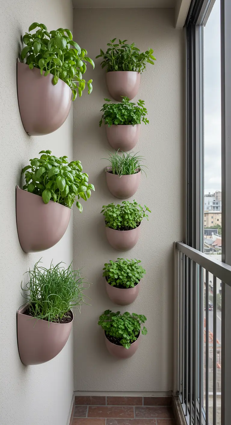 Pots muraux semi-circulaires couleur rose poudré avec des herbes aromatiques.