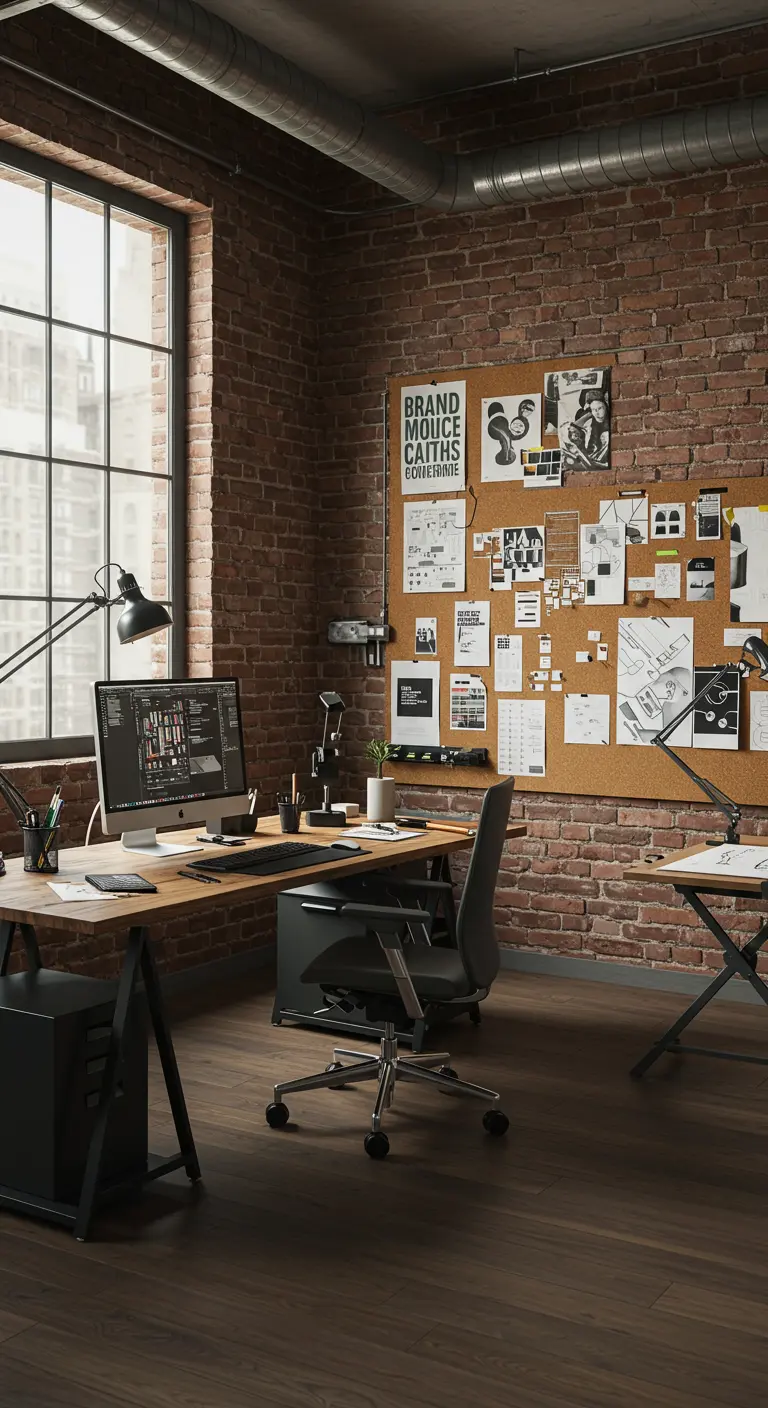 Bureau style loft industriel avec un grand mur en liège pour l'inspiration créative.