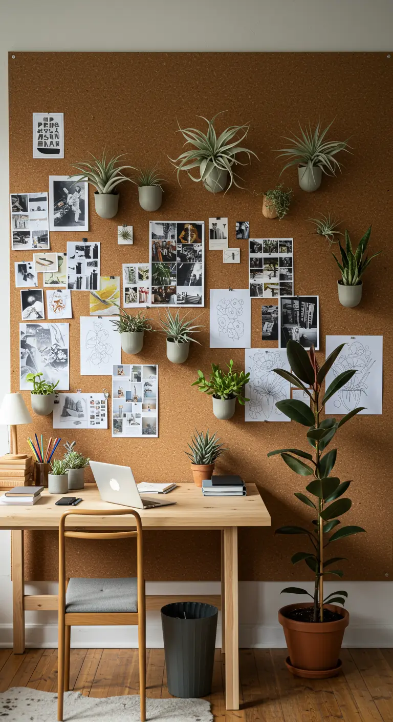 Grand mur en liège derrière un bureau, décoré de photos et de petites plantes murales.