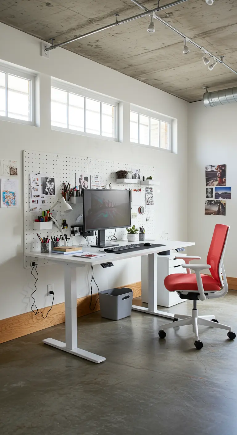 Bureau moderne avec grand panneau perforé blanc et rangements modulables