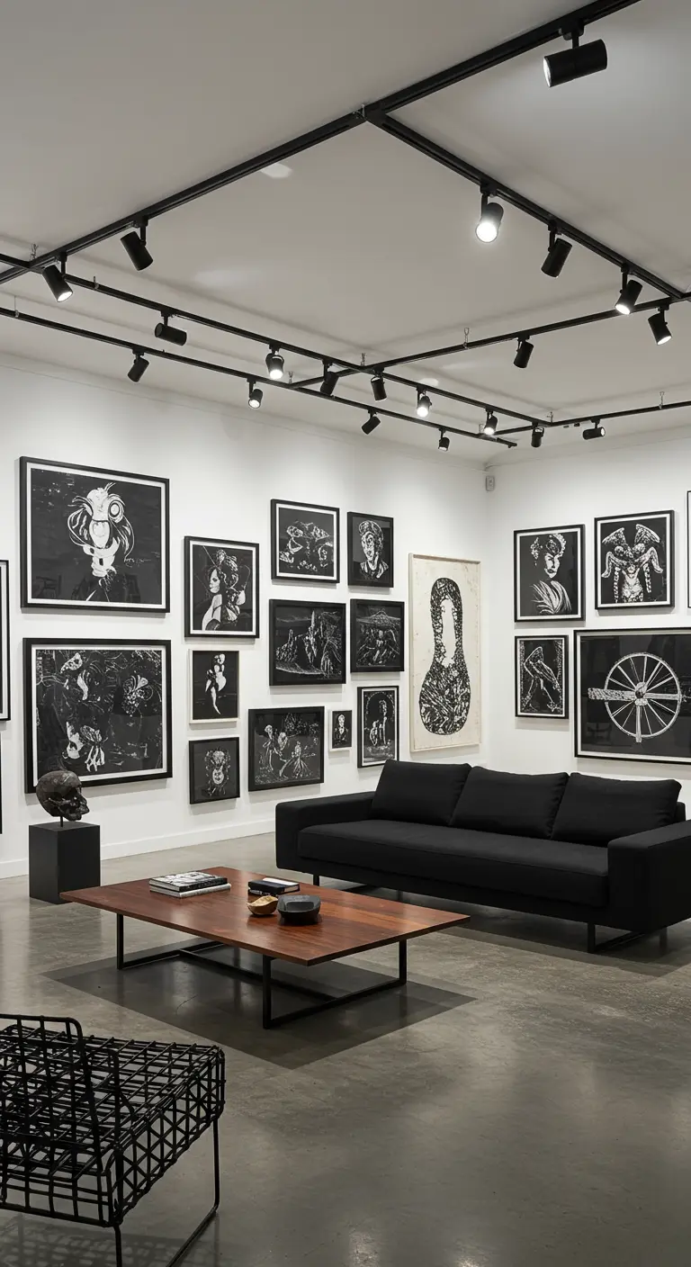 Salon moderne avec un grand mur de cadres noir et blanc, canapé noir, table basse en bois et éclairage sur rail.