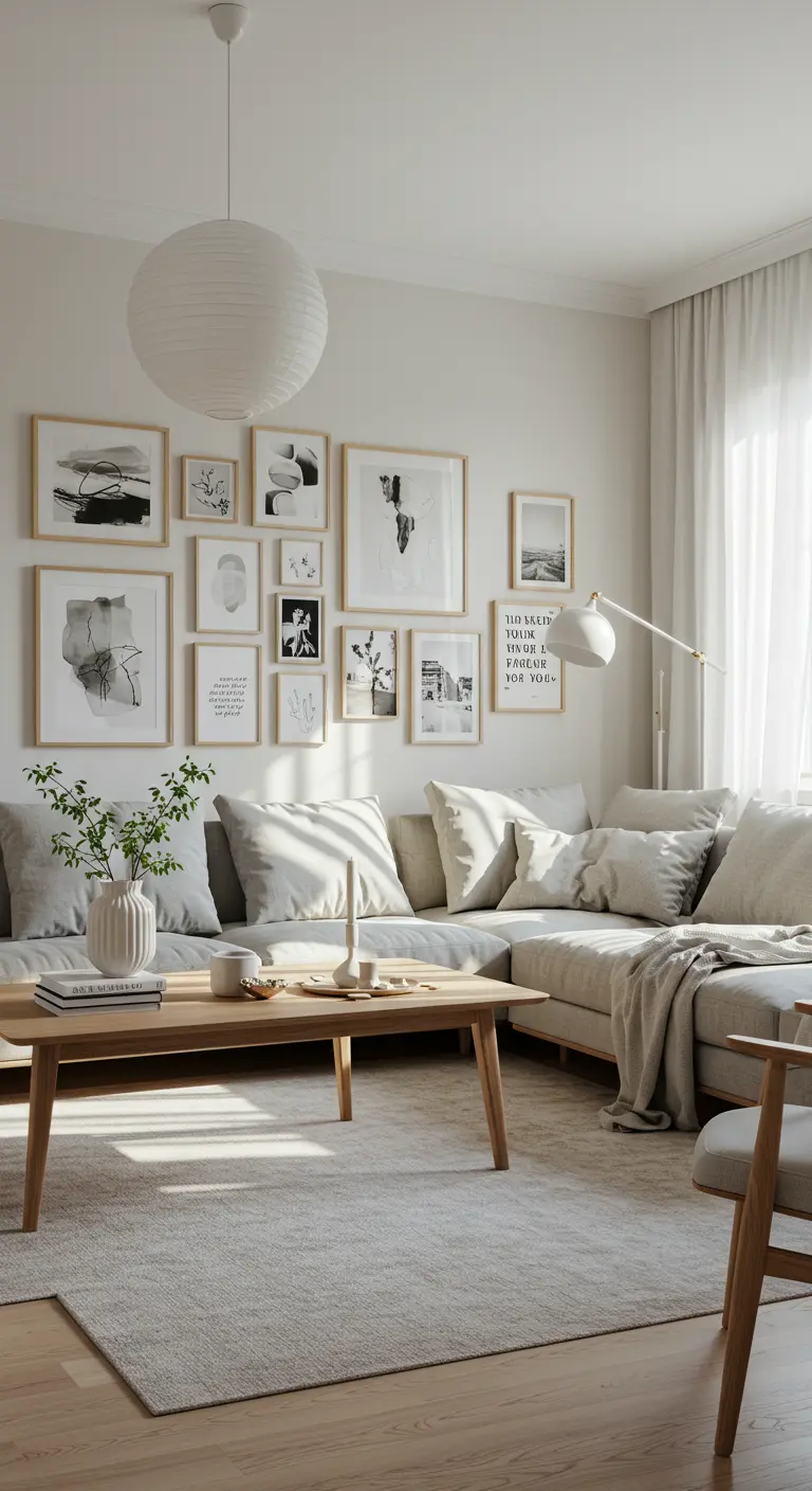 Mur de cadres en bois clair avec illustrations abstraites et photos N&B au-dessus d'un canapé beige.