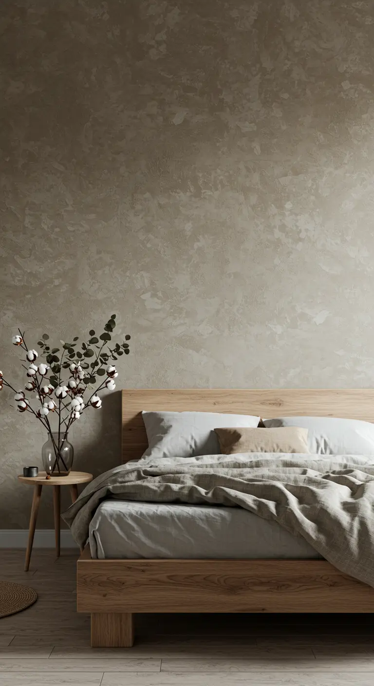 Chambre avec mur à effet chaux dans les tons beiges et branches de coton.