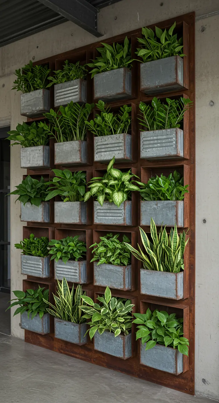 Une grande structure murale en bois et métal avec des casiers remplis de plantes vertes en bacs.