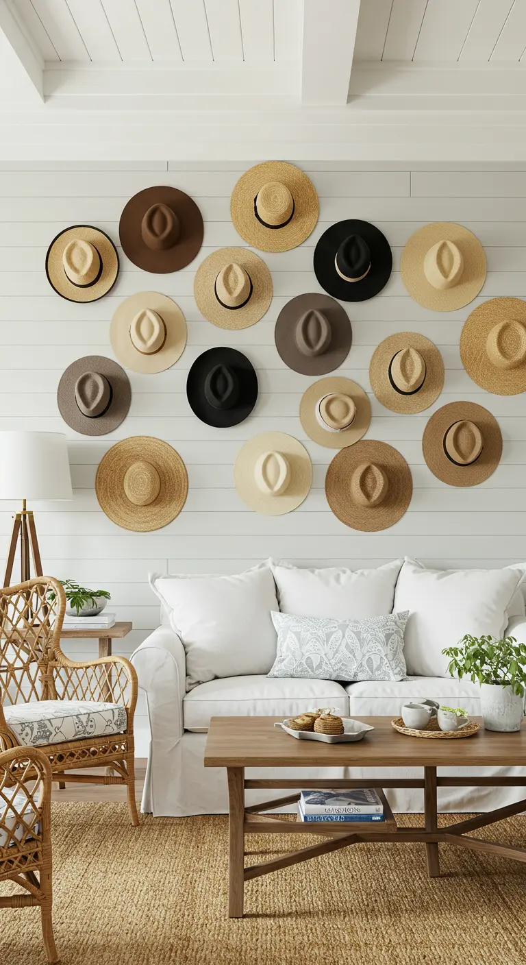 Collection de chapeaux de paille et de feutre de différentes couleurs accrochée à un mur blanc lambrissé.