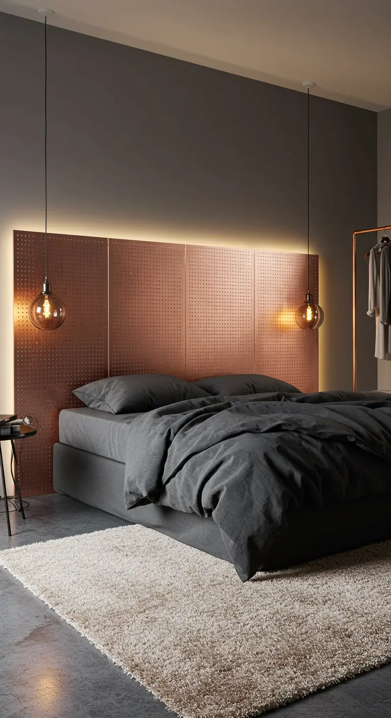 Tête de lit composée de panneaux de cuivre perforé avec un éclairage LED intégré.