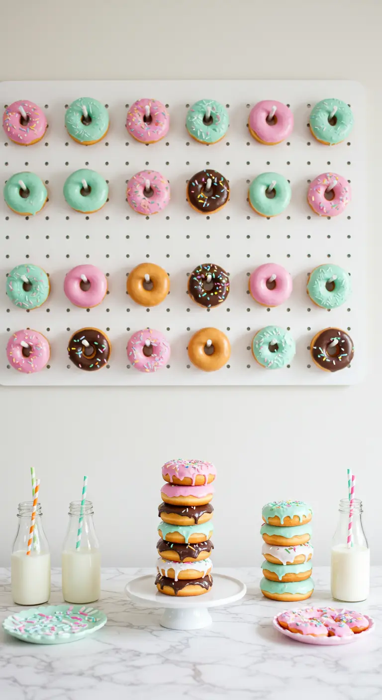 Mur de donuts colorés avec des piles de donuts sur la table.