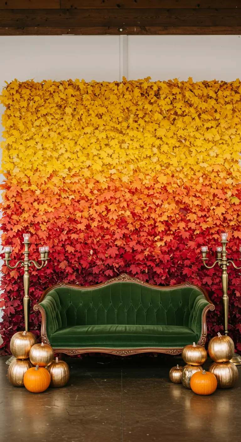 Photobooth avec un mur de feuilles en dégradé de couleurs d'automne et un canapé vert.