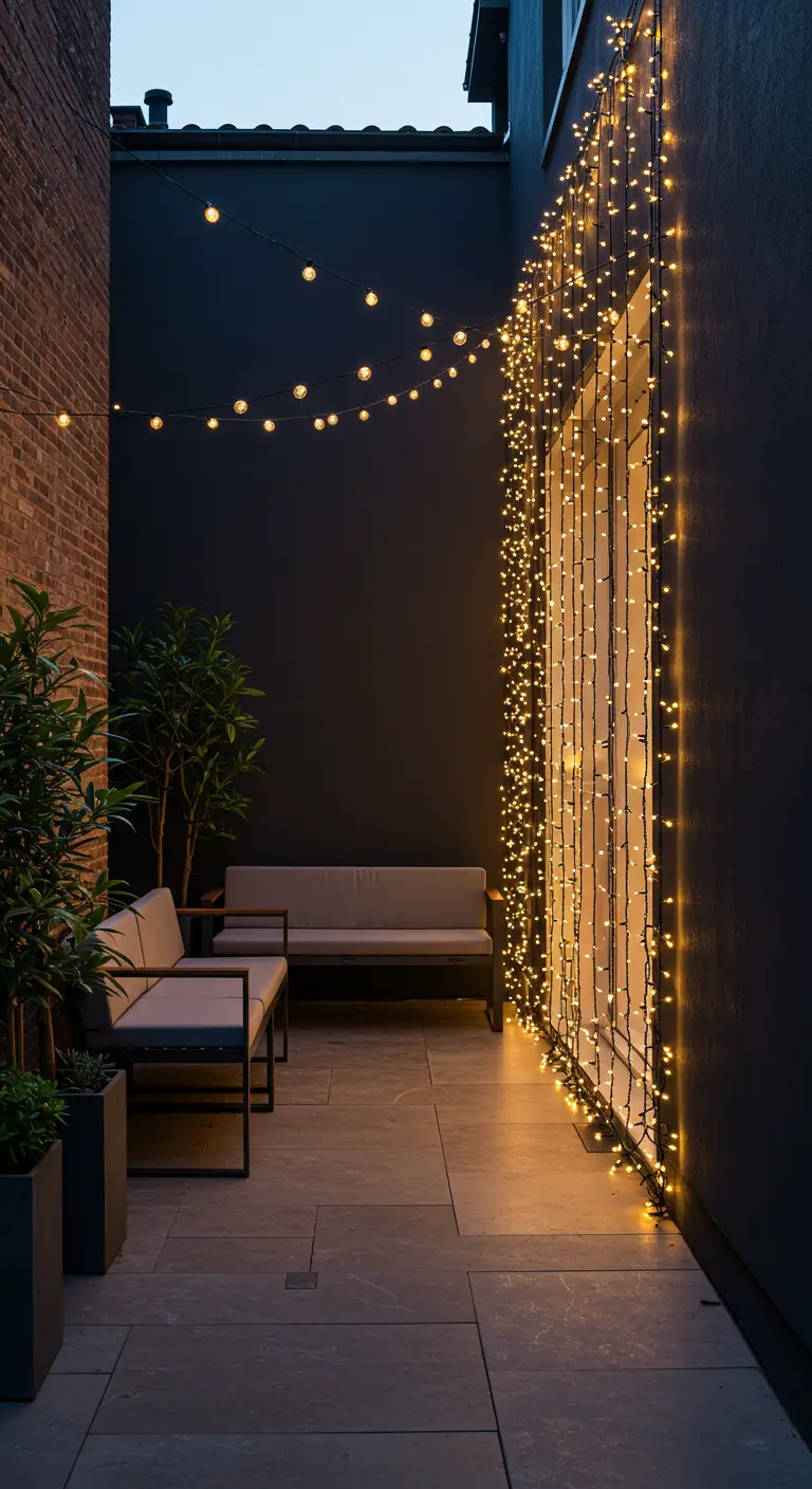 Patio moderne avec un mur sombre habillé d'un grand rideau de lumières LED.