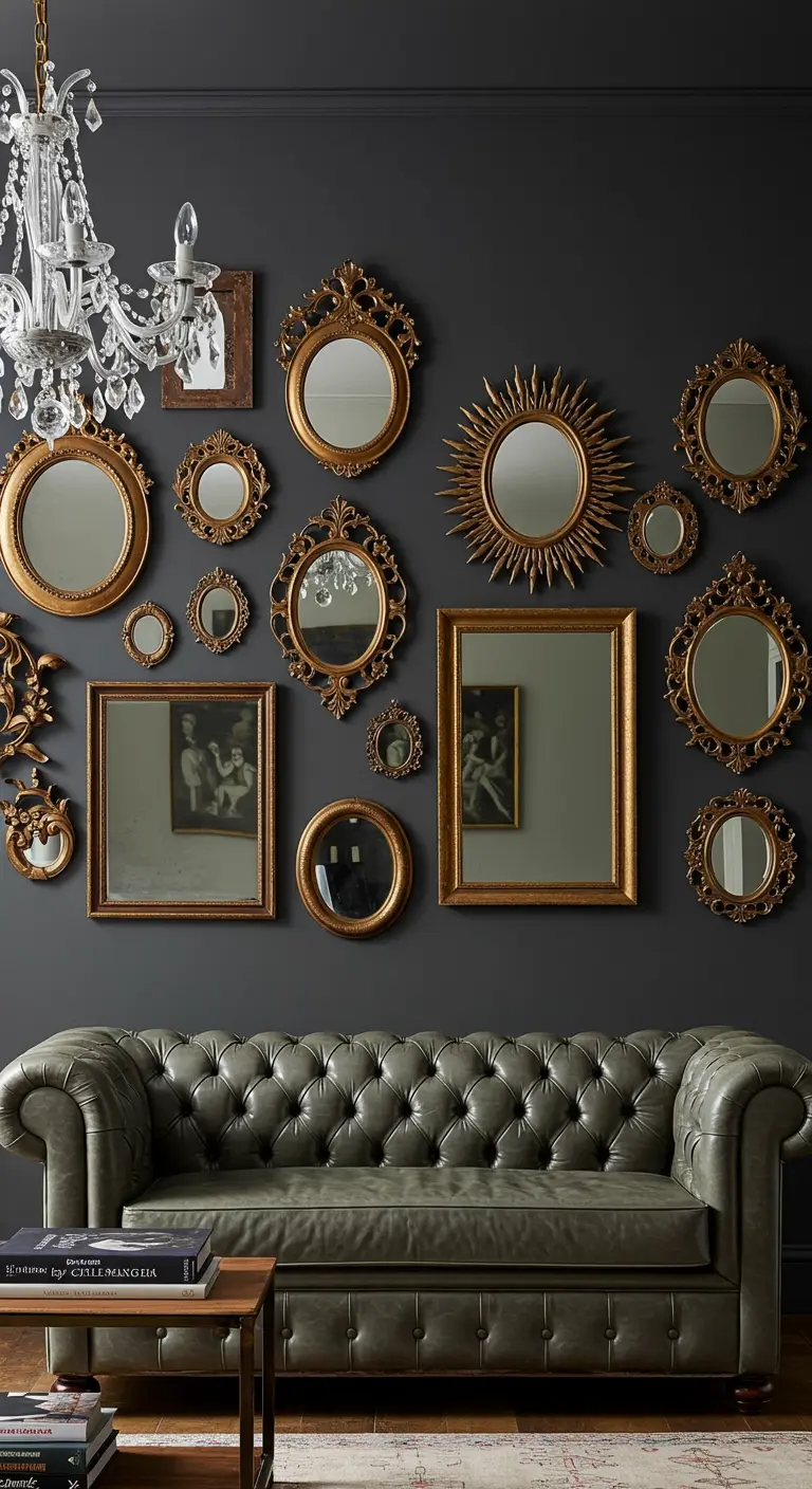 Collection de miroirs vintage avec des cadres dorés de différentes tailles sur un mur gris foncé.