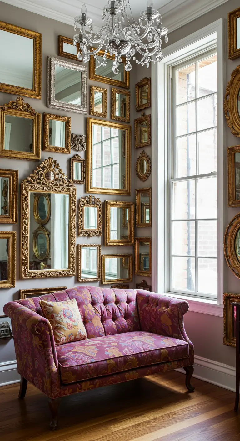 Mur gris entièrement couvert d'une collection de miroirs aux cadres dorés et argentés.