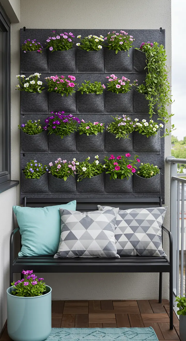 Jardin mural vertical en feutre gris avec des poches remplies de fleurs roses et blanches.